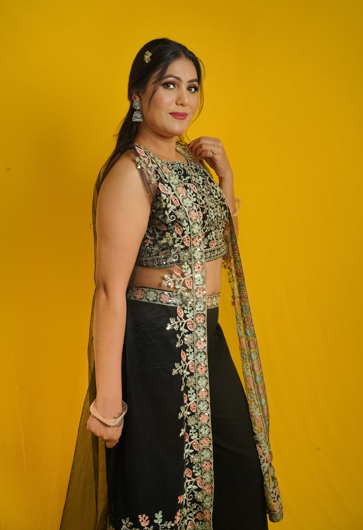 Black Floral Embroidered Palazzo Set