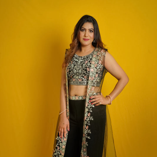 Black Floral Embroidered Palazzo Set