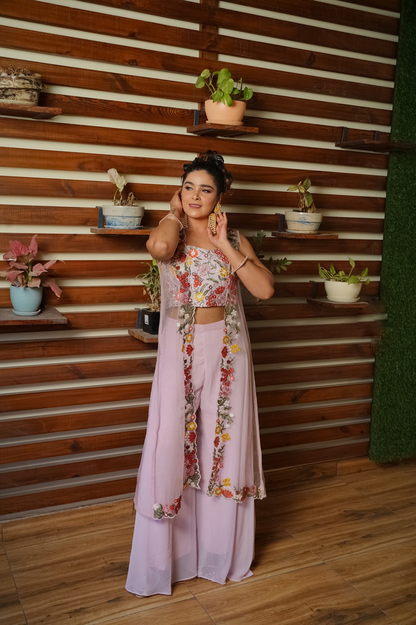 Blush Pink Floral Embroidered Palazzo Set with Shrug