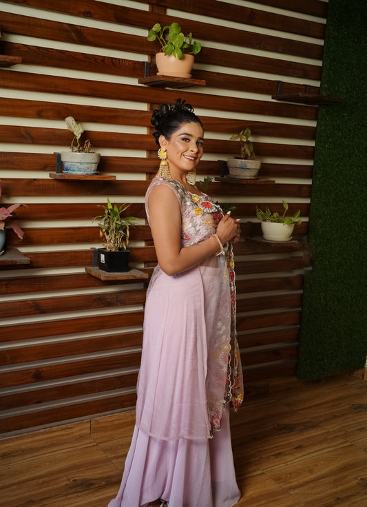 Blush Pink Floral Embroidered Palazzo Set with Shrug