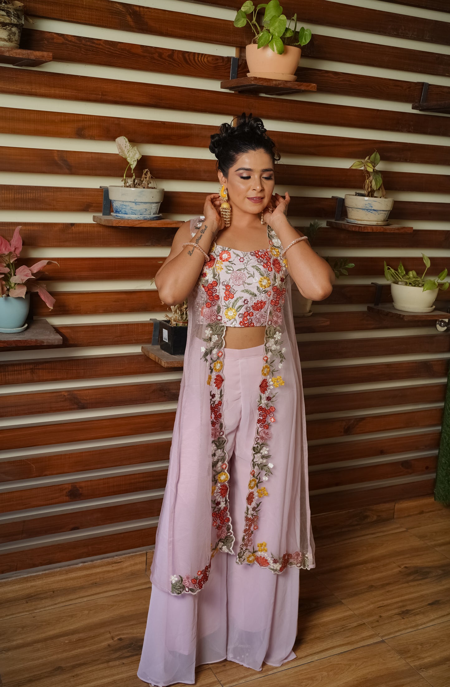 Blush Pink Floral Embroidered Palazzo Set with Shrug