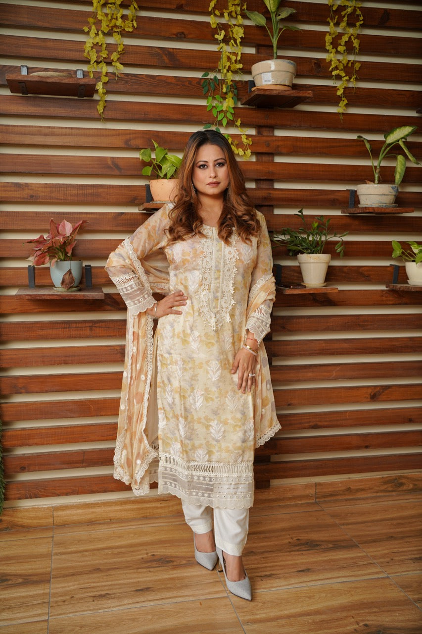 Embroidered Chiffon Suit in Soft Gold