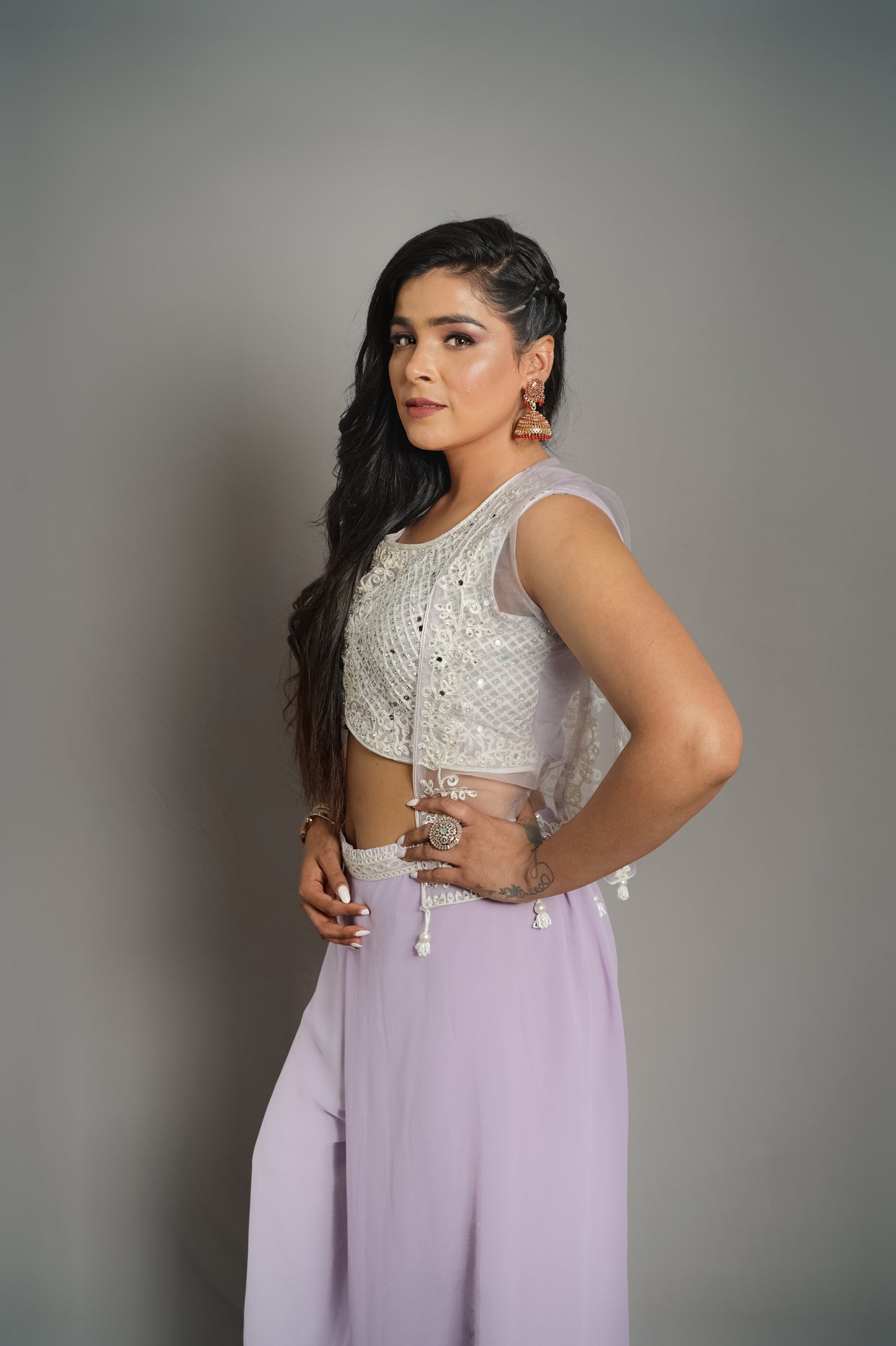 Ivory & Lavender Mirror Work Palazzo Set