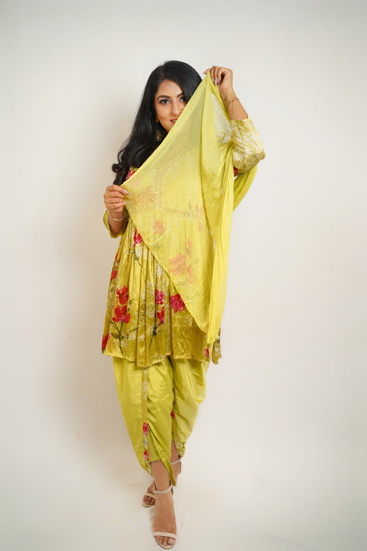 Lime Bloom Dhoti Suit