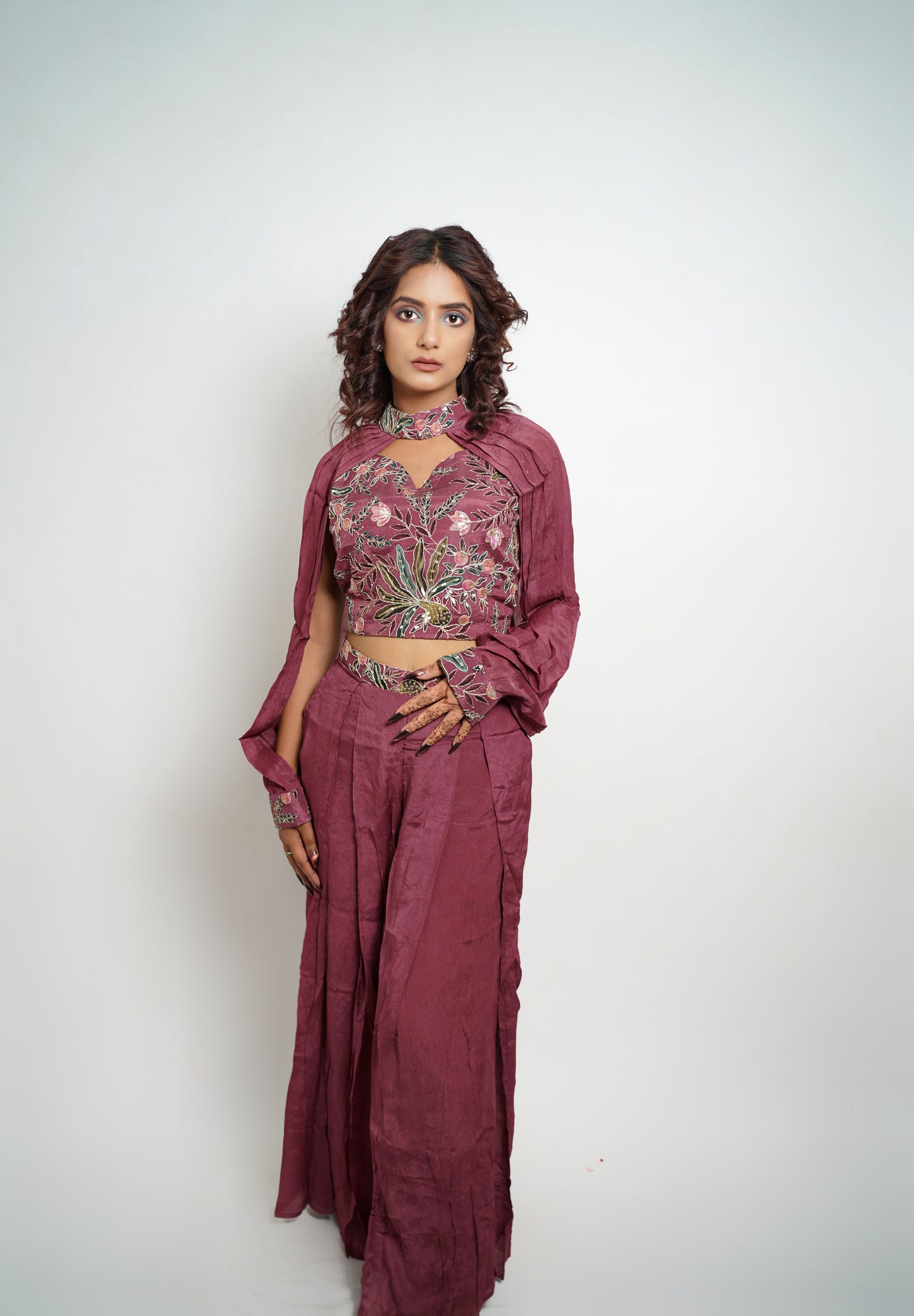 Luxe Embroidered Choker Top & Palazzo Set (Wine)