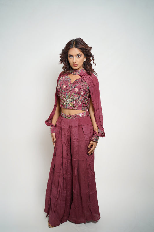 Luxe Embroidered Choker Top & Palazzo Set (Wine)