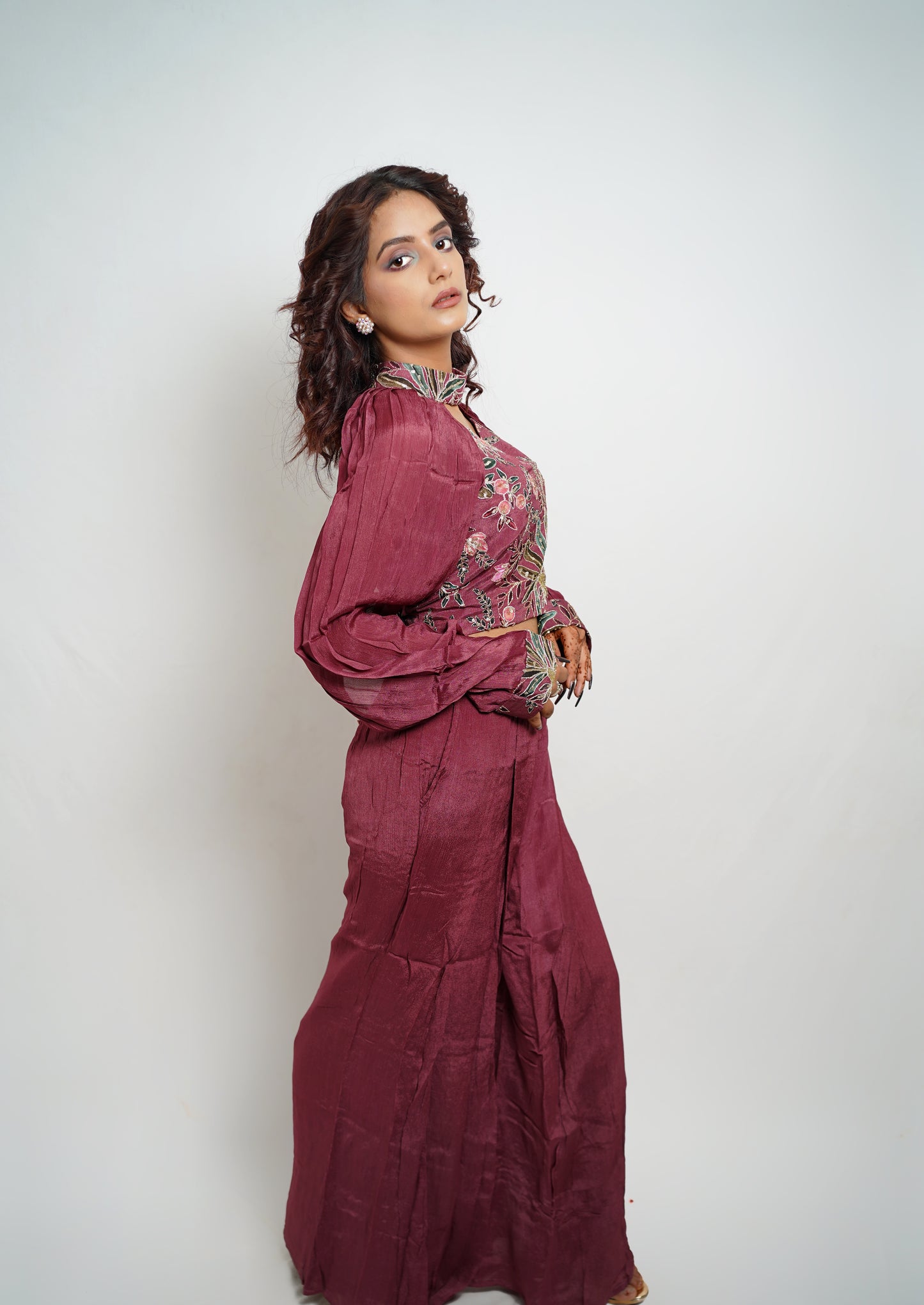Luxe Embroidered Choker Top & Palazzo Set (Wine)