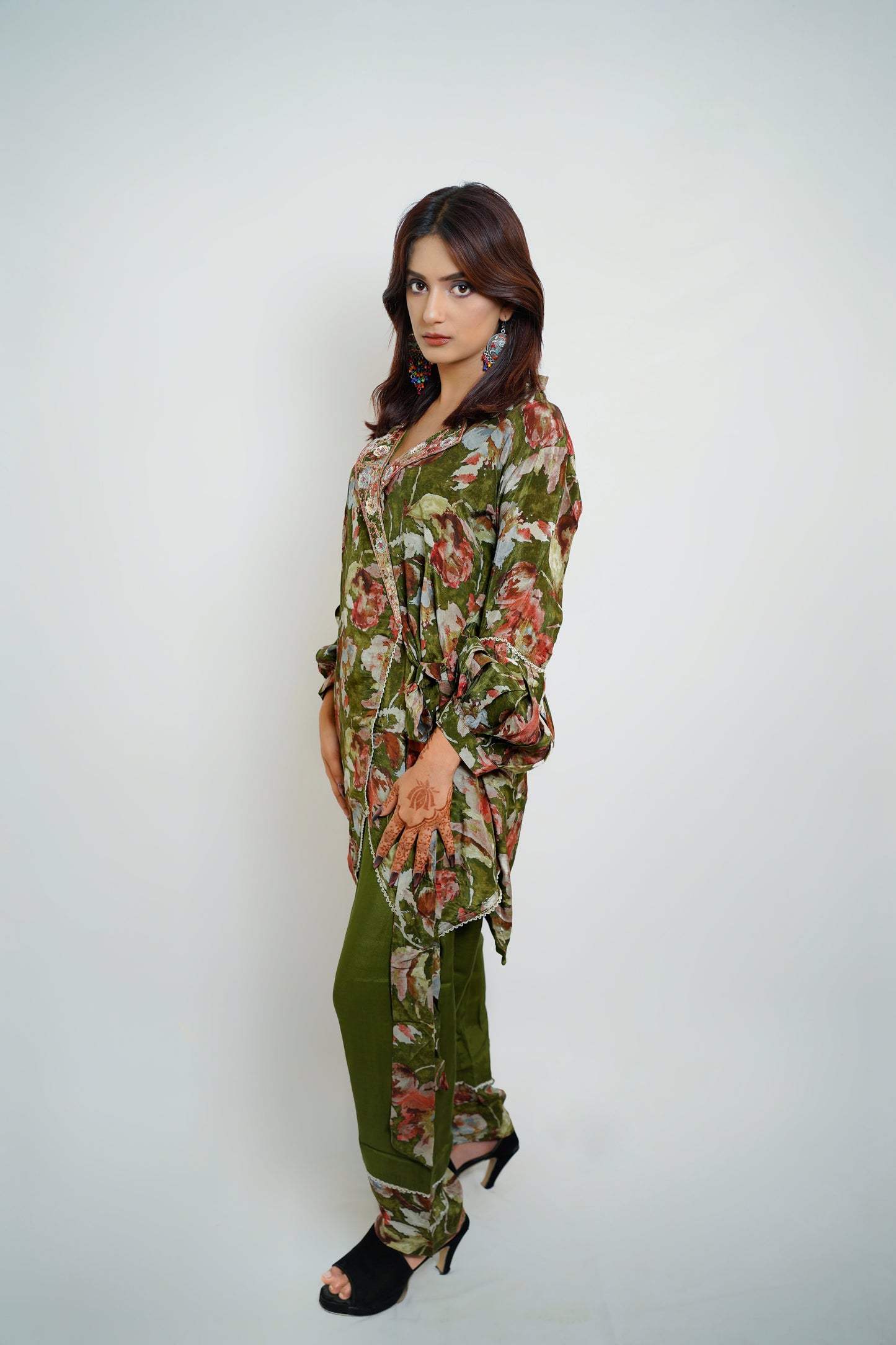 Luxe Olive Floral Kaftan Set
