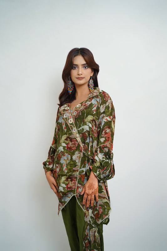 Luxe Olive Floral Kaftan Set
