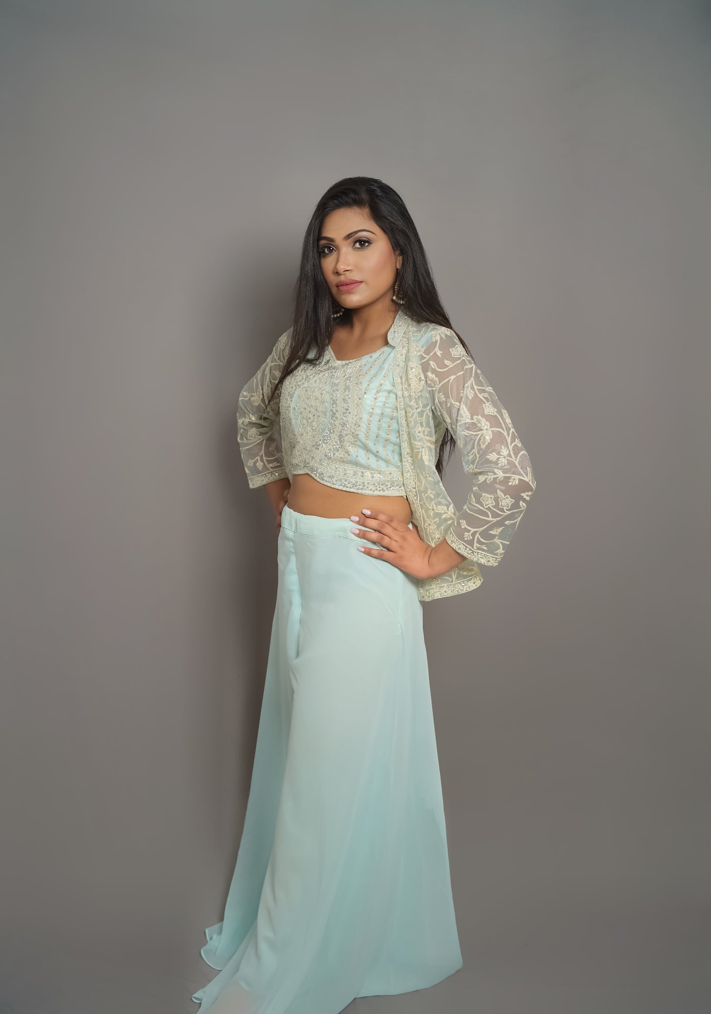 Mint Green Embroidered Palazzo Set with Sheer Shrug