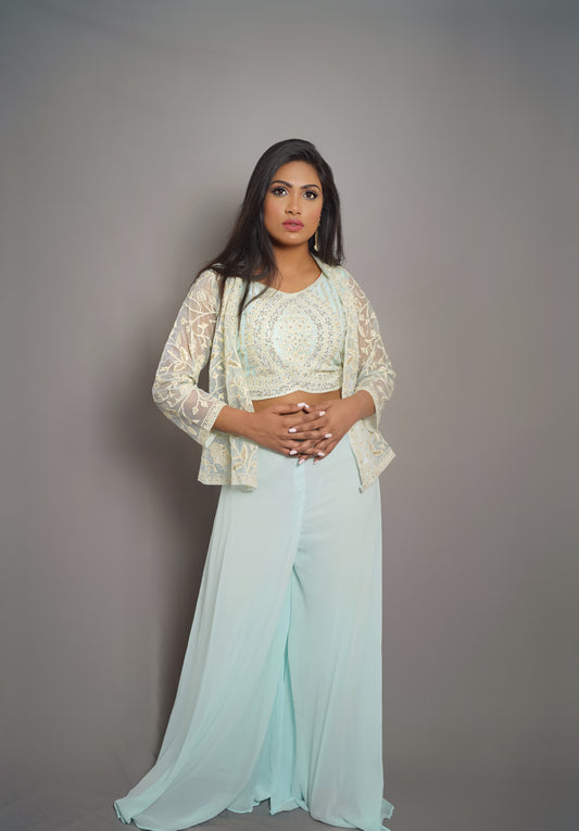 Mint Green Embroidered Palazzo Set with Sheer Shrug