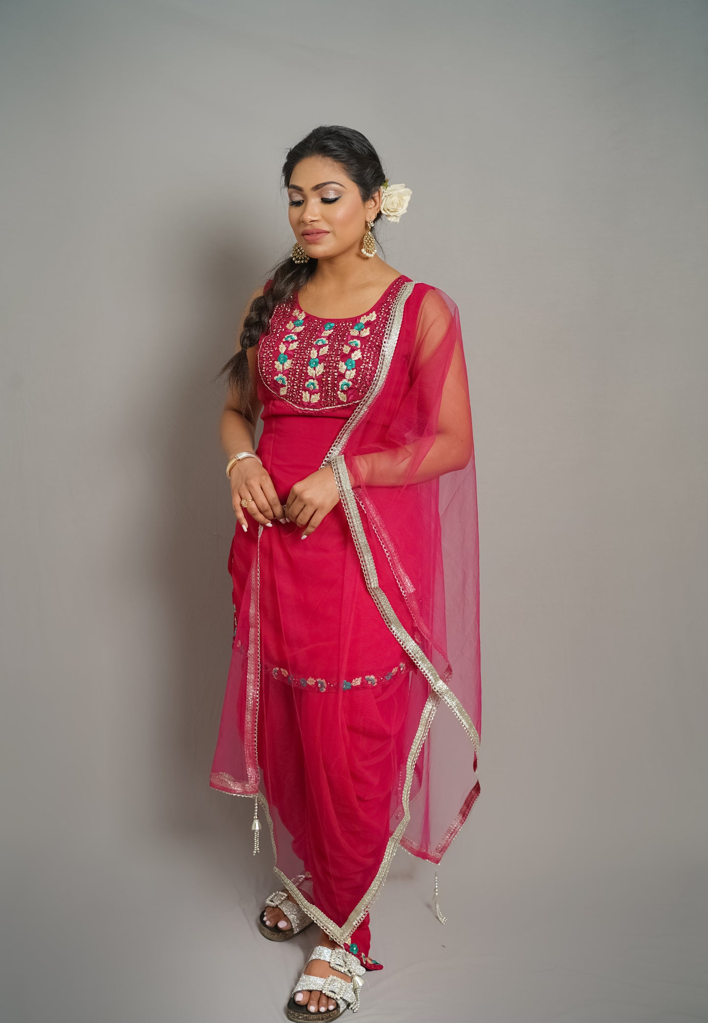 Ruby Red Embroidered Dhoti Suit with Sheer Dupatta