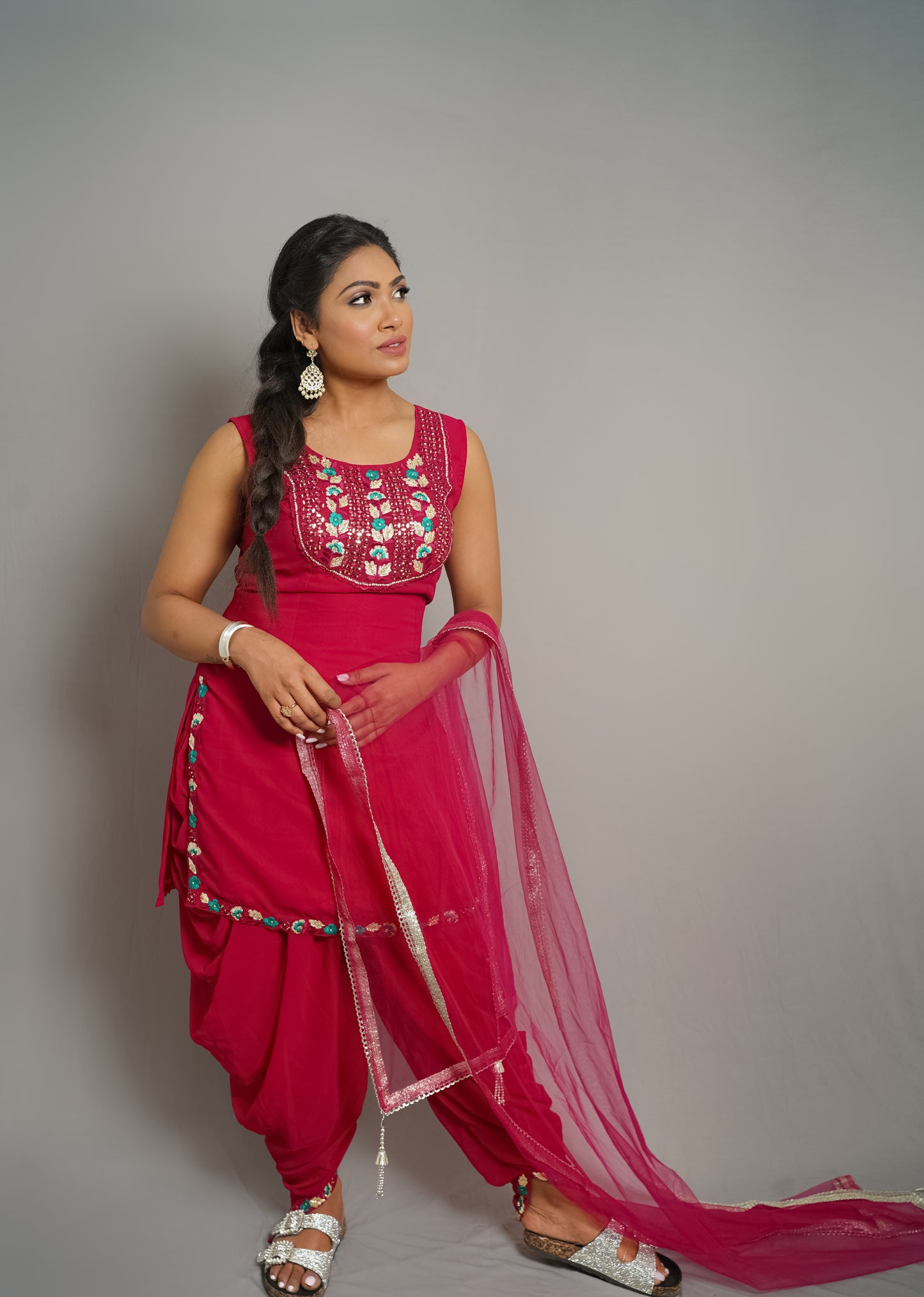 Ruby Red Embroidered Dhoti Suit with Sheer Dupatta