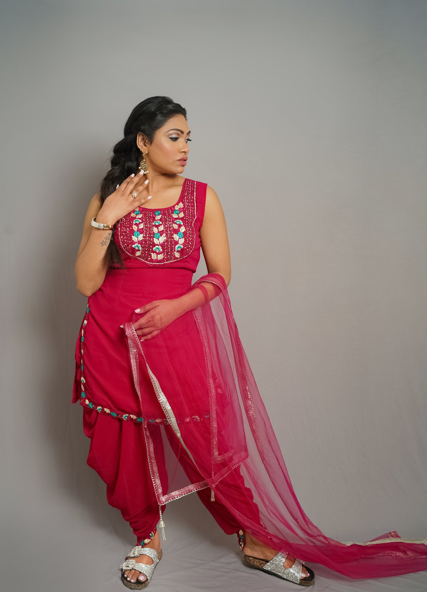 Ruby Red Embroidered Dhoti Suit with Sheer Dupatta