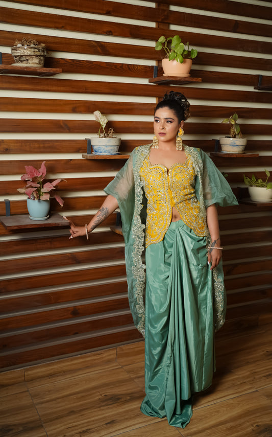 Sea Green & Gold Embroidered Dhoti Set