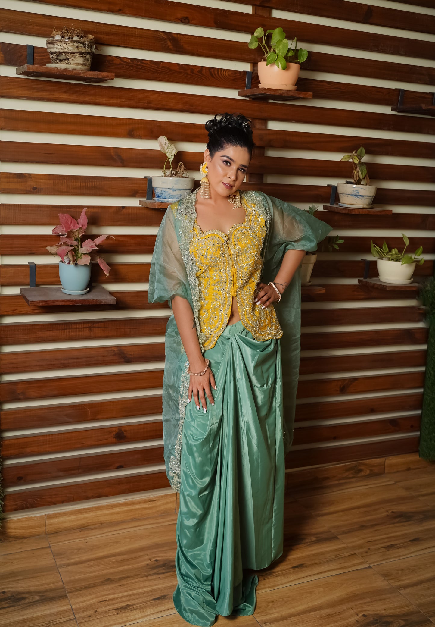Sea Green & Gold Embroidered Dhoti Set