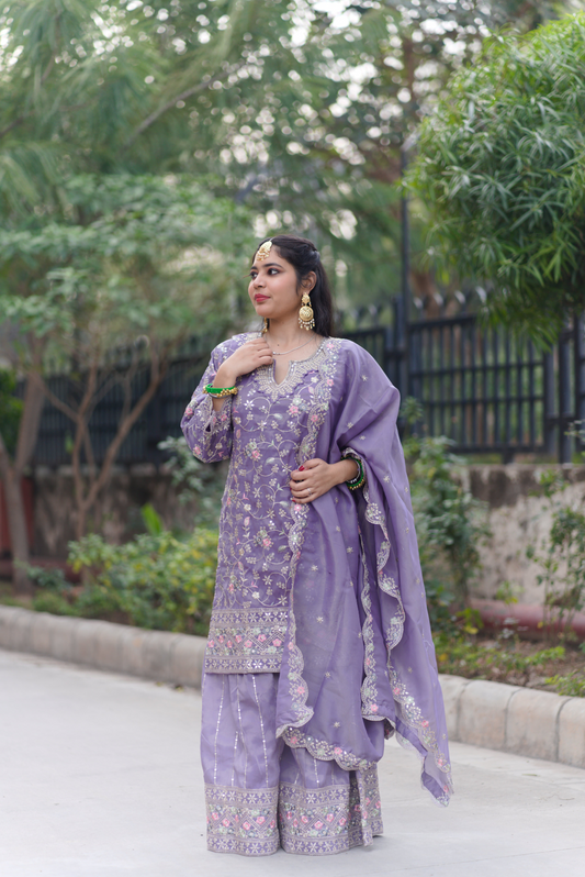 Royal Lavender Embroidered Sharara Suit