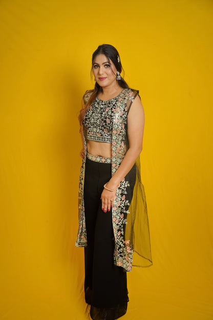 Black Floral Embroidered Palazzo Set