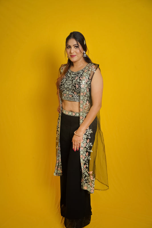 Black Floral Embroidered Palazzo Set