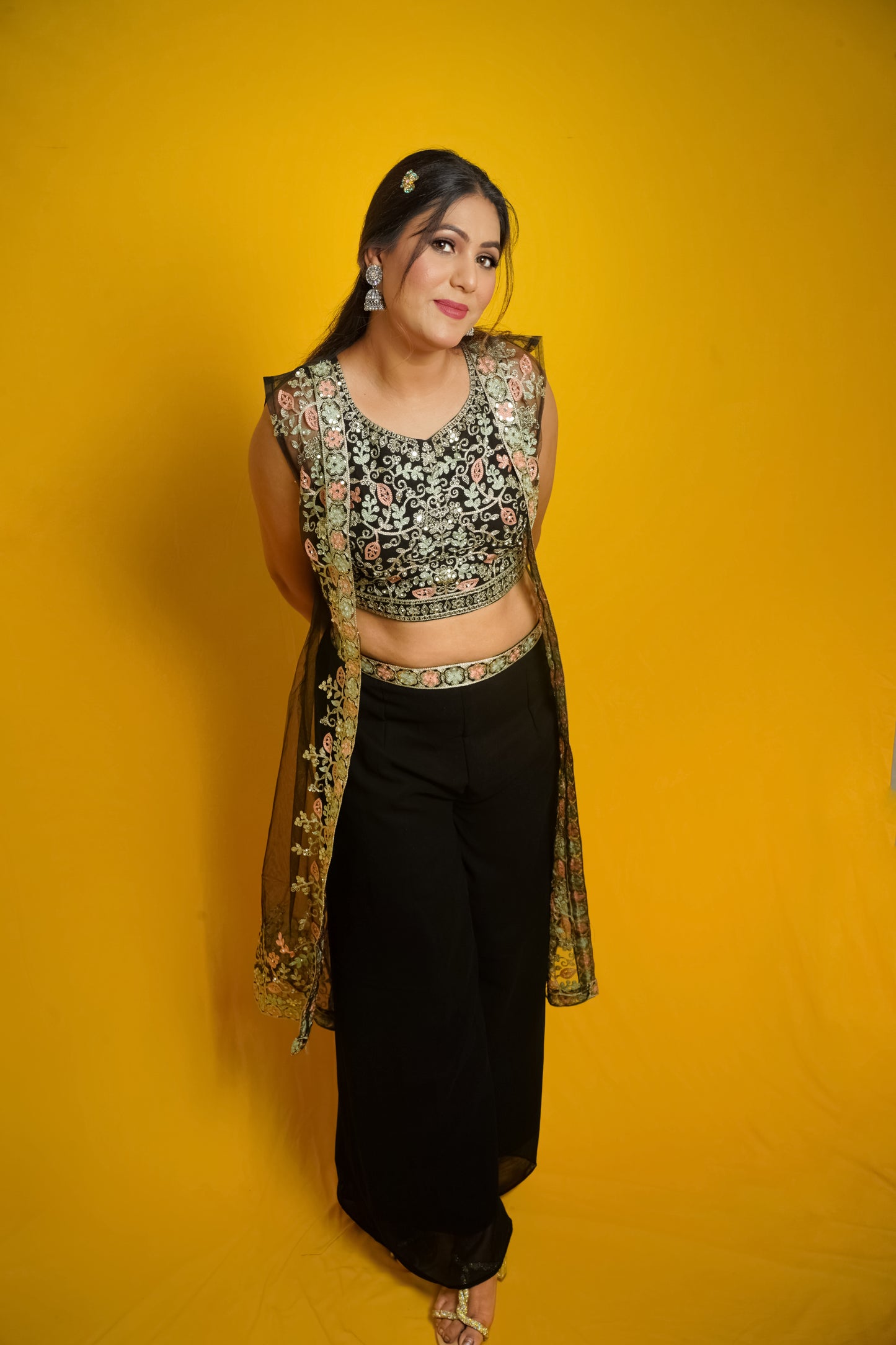 Black Floral Embroidered Palazzo Set