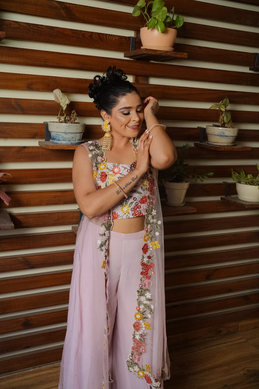 Blush Pink Floral Embroidered Palazzo Set with Shrug