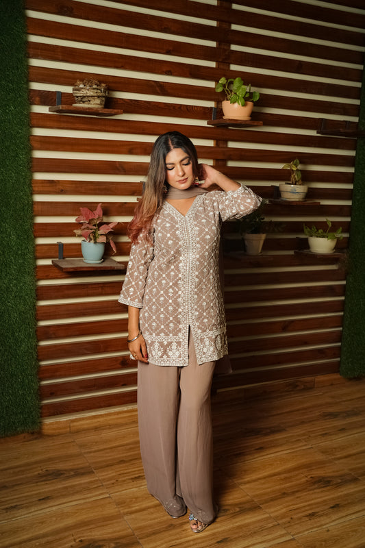 Elegant Taupe Chikankari palazoo suit