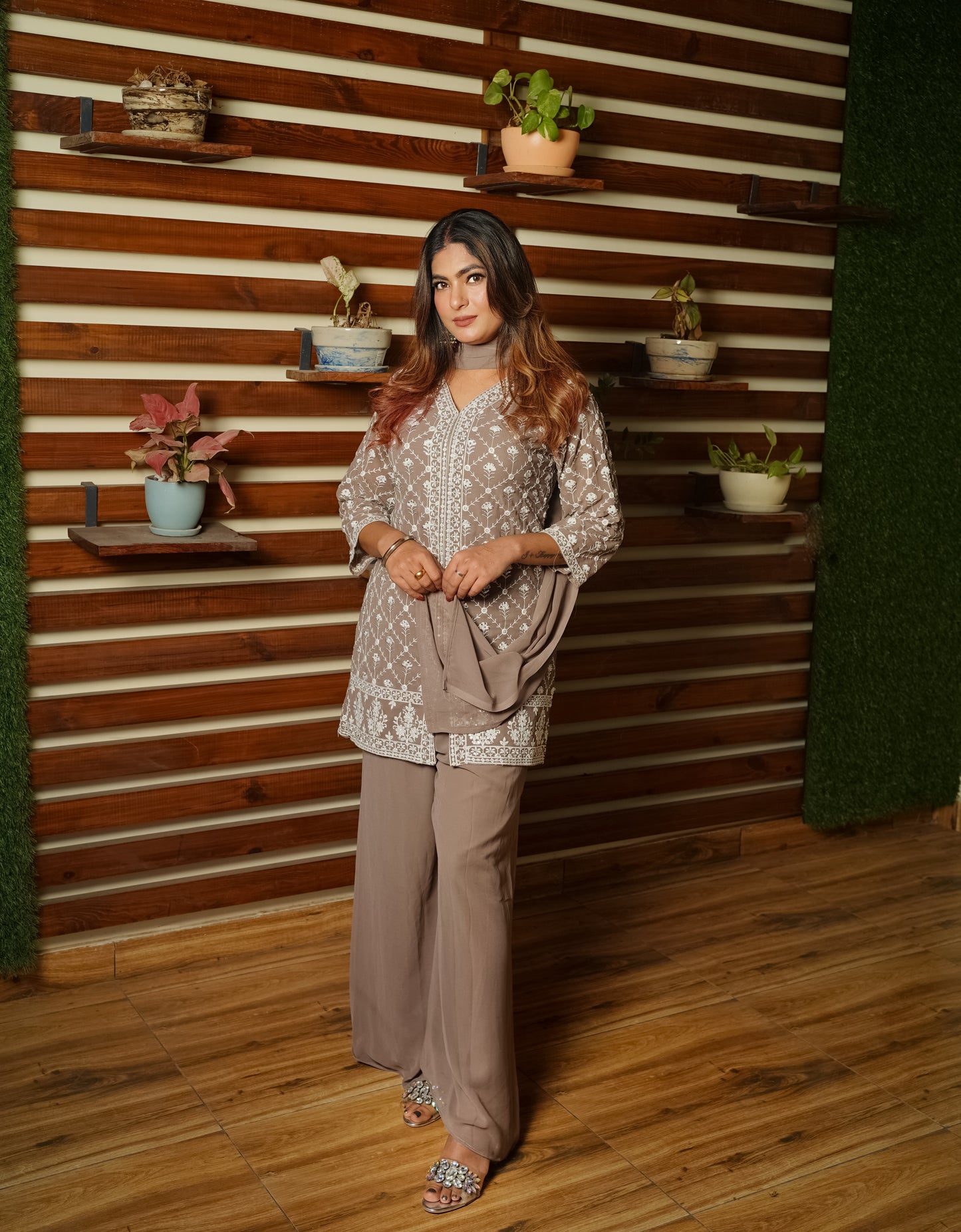 Elegant Taupe Chikankari palazoo suit