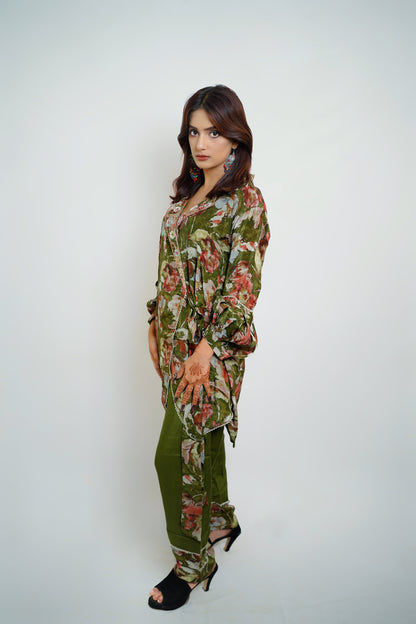 Luxe Olive Floral Kaftan Set