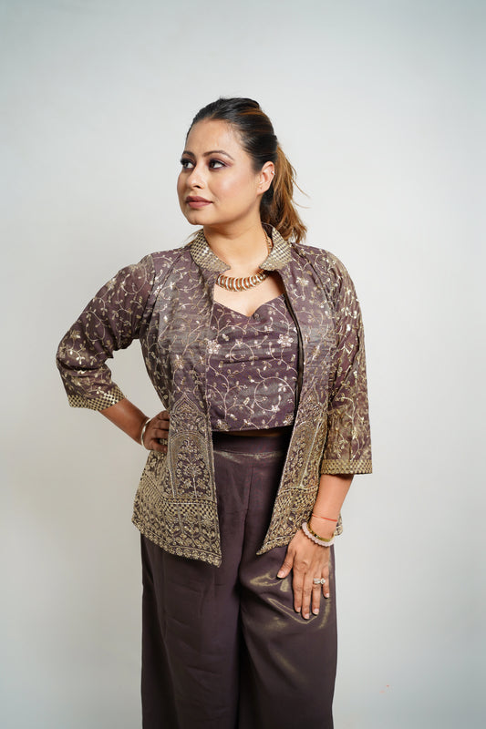 Luxe Plum Brocade Jacket Set