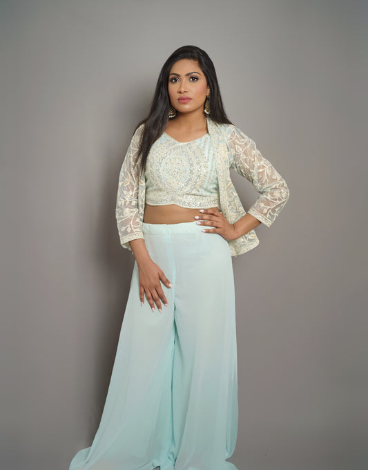 Mint Green Embroidered Palazzo Set with Sheer Shrug