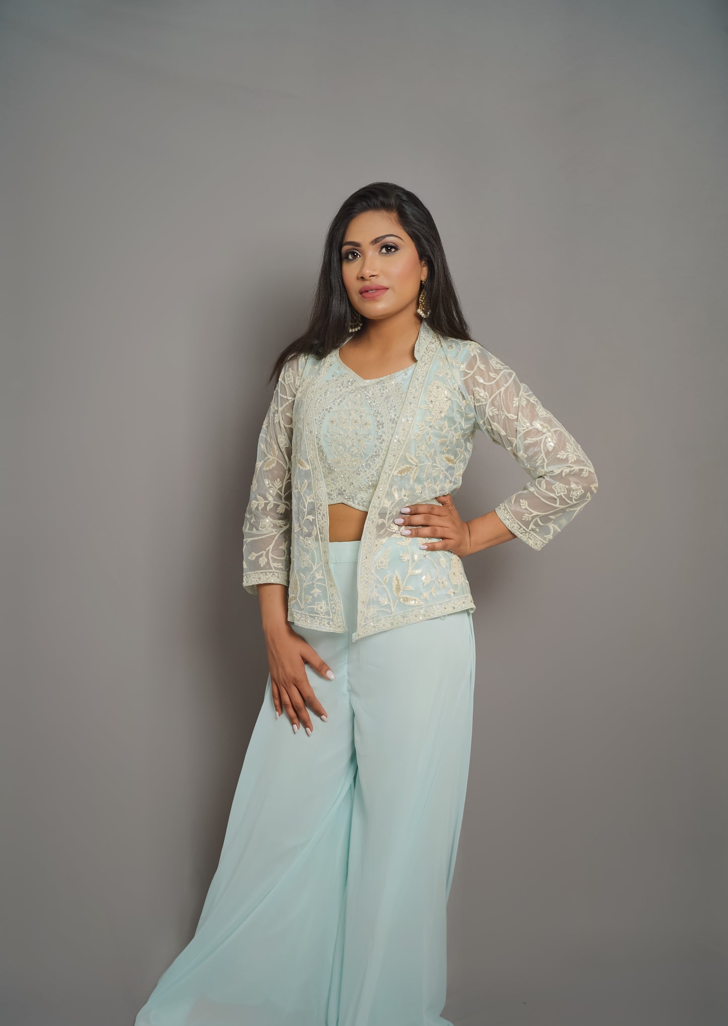 Mint Green Embroidered Palazzo Set with Sheer Shrug