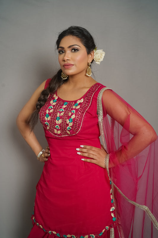Ruby Red Embroidered Dhoti Suit with Sheer Dupatta