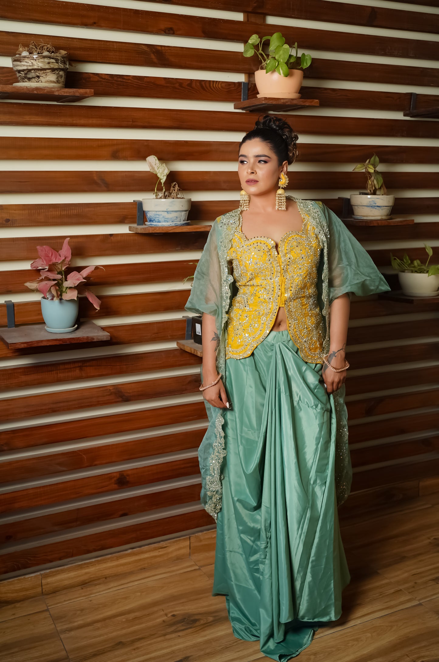 Sea Green & Gold Embroidered Dhoti Set