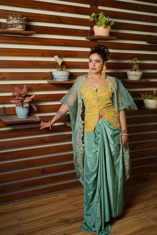 Sea Green & Gold Embroidered Dhoti Set