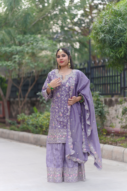 Royal Lavender Embroidered Sharara Suit